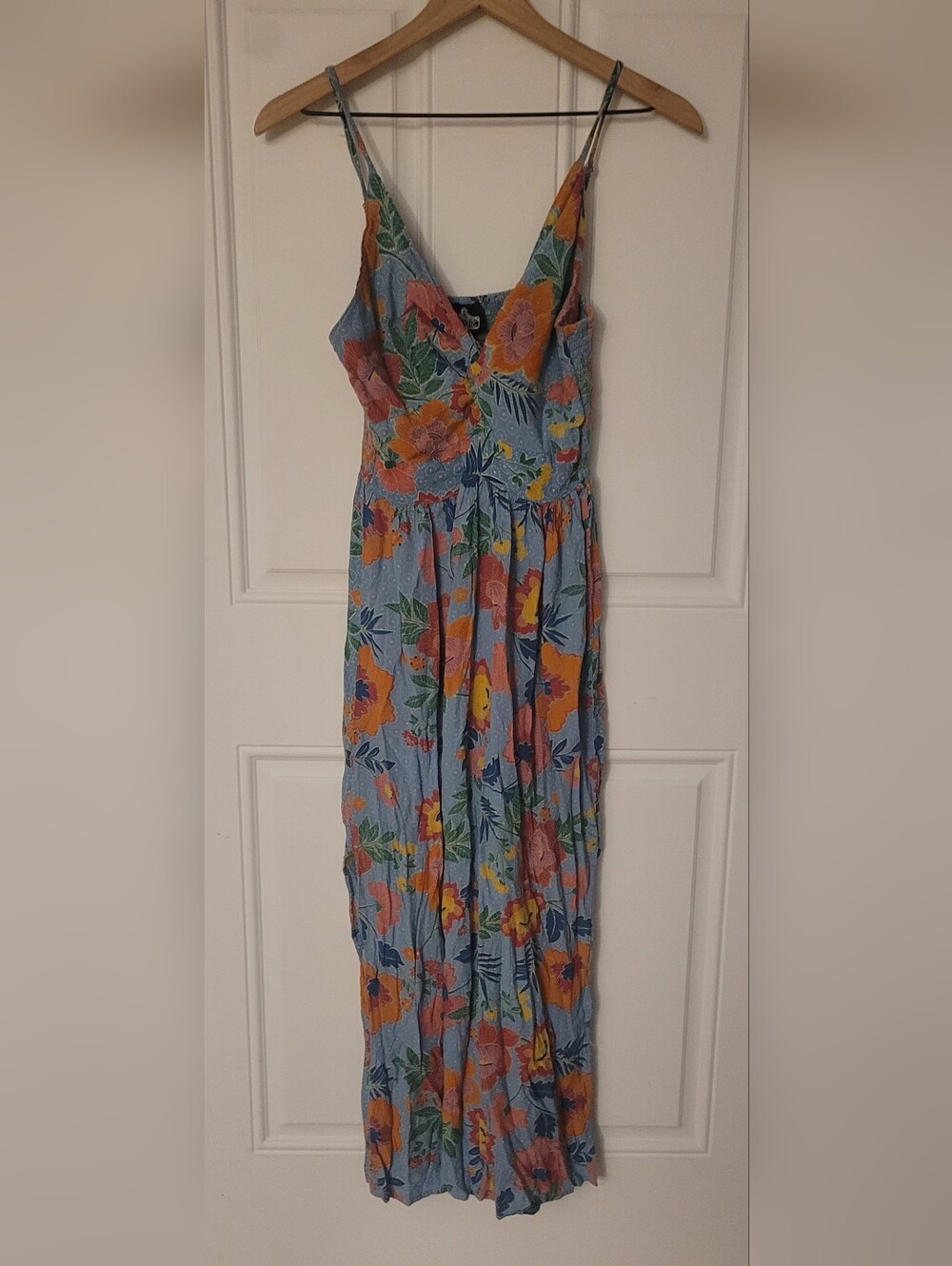 Angie SZ Large Light Blue Floral Maxi Sundress with Spaghetti Straps